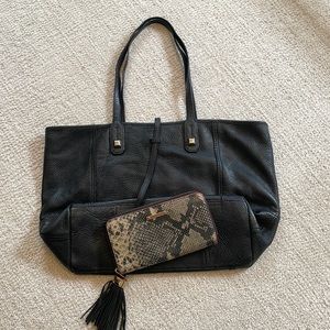 Stella & Dot Black Leather Hobo and bonus snake print wallet
